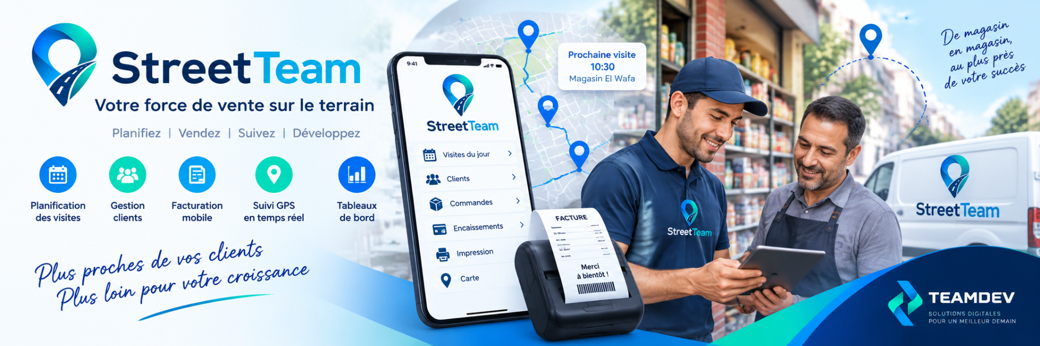 StreetTeam : commercial terrain avec application mobile, tournée géolocalisée et impression de facture